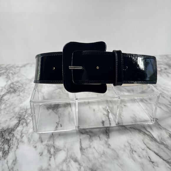 EXPRESS Wide Patent Leather Belt Black Self Covered Buckle S Pinup Retro VTG - Picture 4 of 8